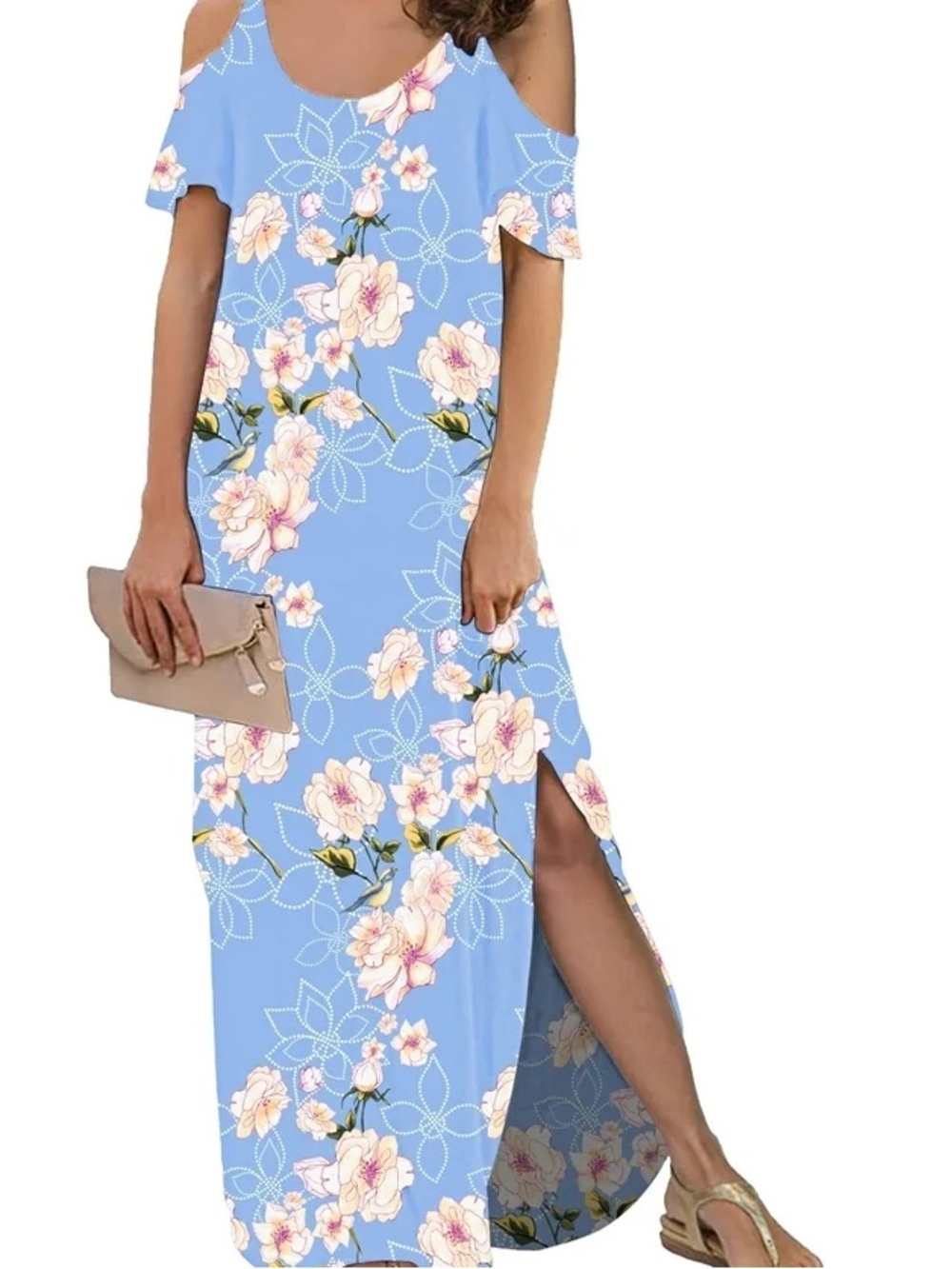 Cold-Shoulder Floral Midi Dress in Light Blue